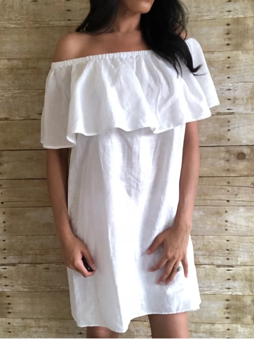 J. Crew White Linen Off-the-Shoulder Ruffle Dress Large